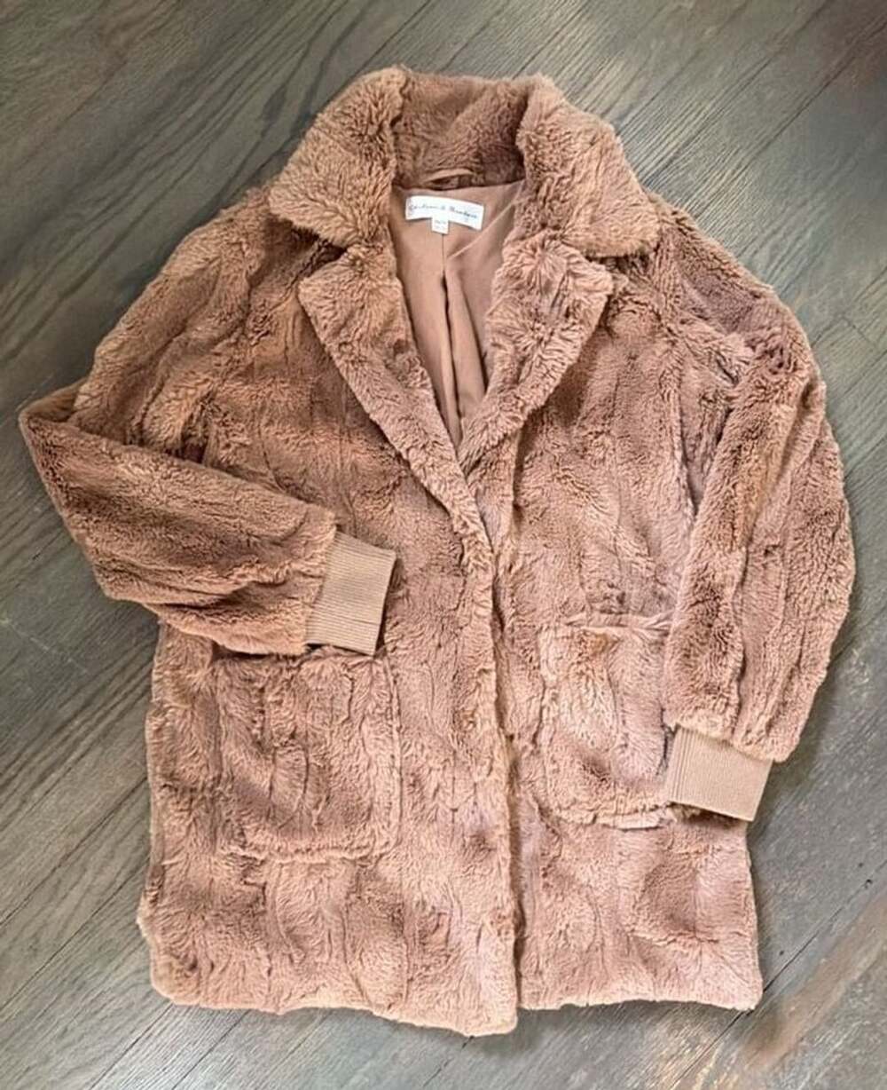 Chelsea & Theodore Faux Fur Coat Size XS Taupe Teddy Bear Jacket